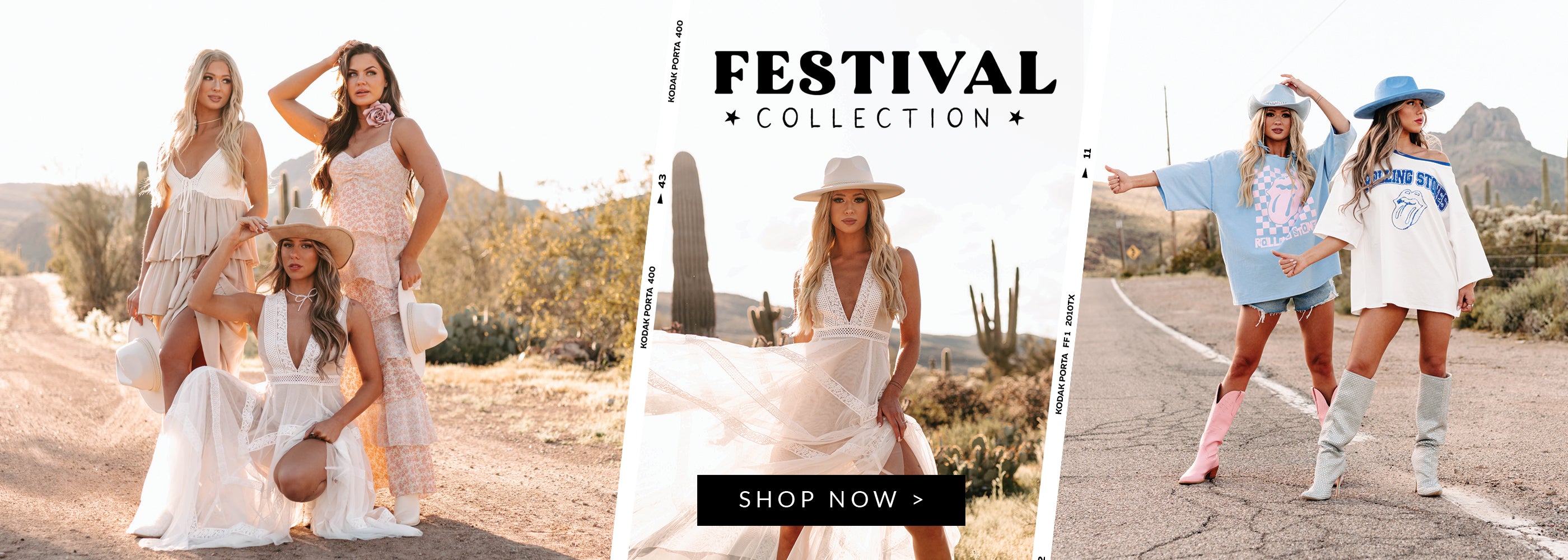 collage of models wearing festival dresses, graphics tees and boots. Headline says "Festival Collection" Call to Action says "Shop Now" and links to the Festival Collection.