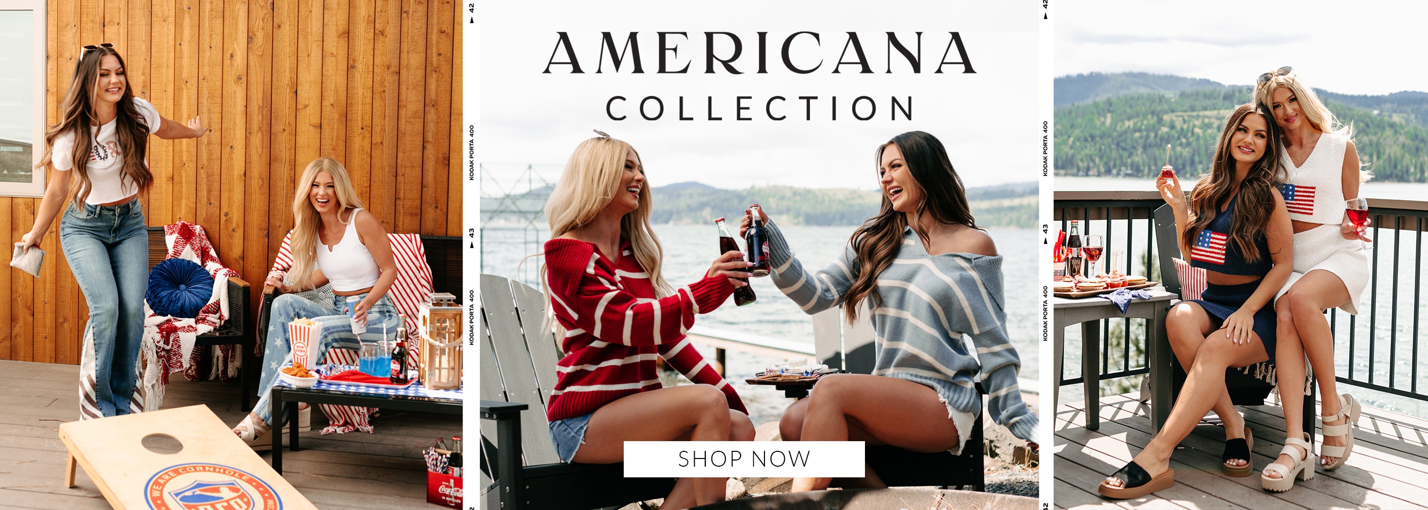 collage of models wearing red, white and blue outfits. Headline says "Americana Collection" Call to action says "shop now" and links to the 4th of July Collection.