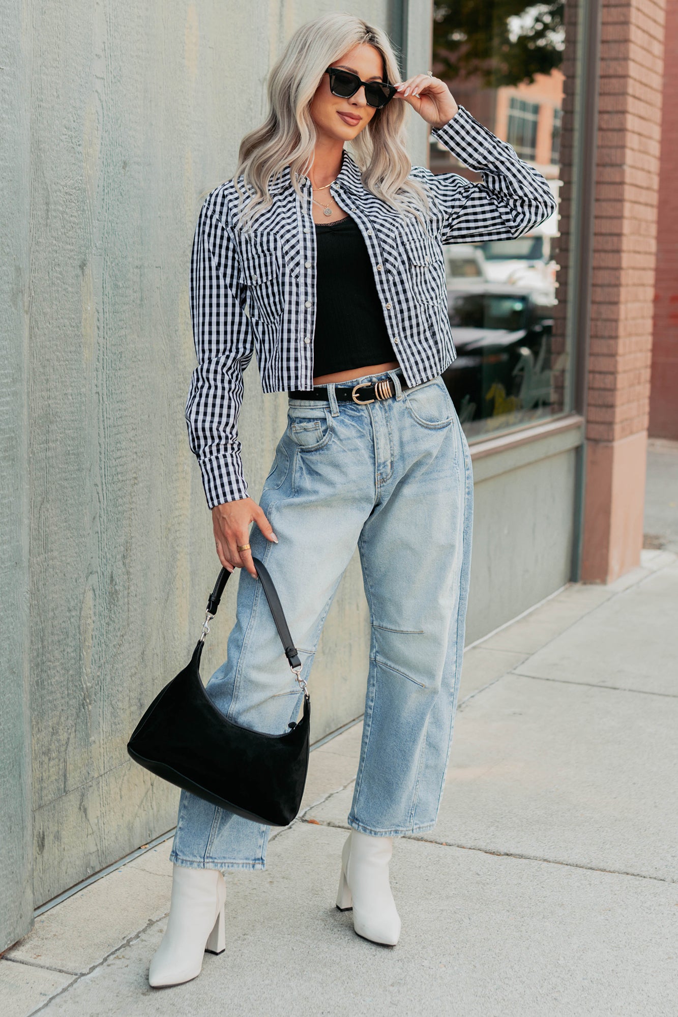 Morning Markets Signature 8 Gingham Crop Shirt (Black) - NanaMacs