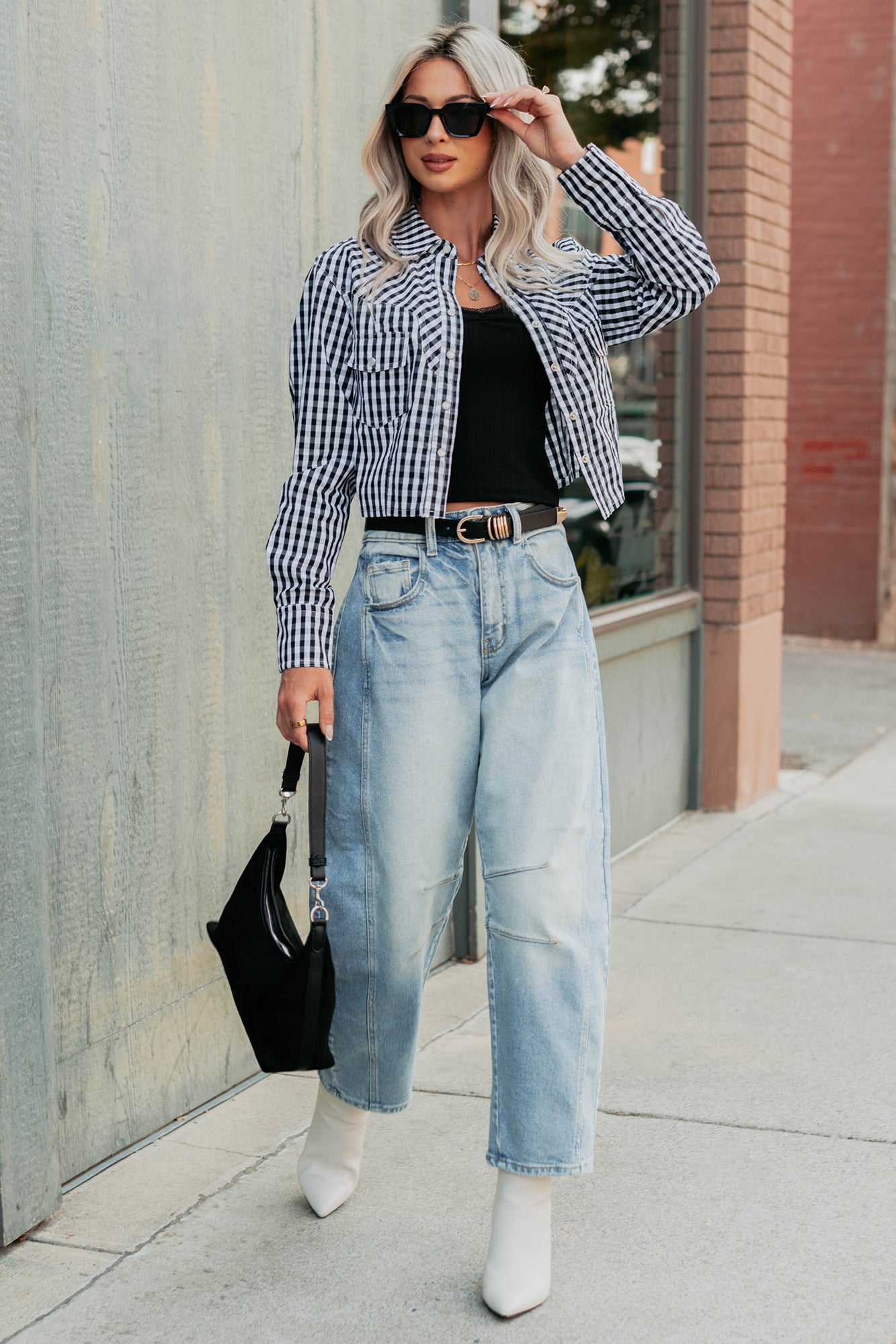 Morning Markets Signature 8 Gingham Crop Shirt (Black) - NanaMacs