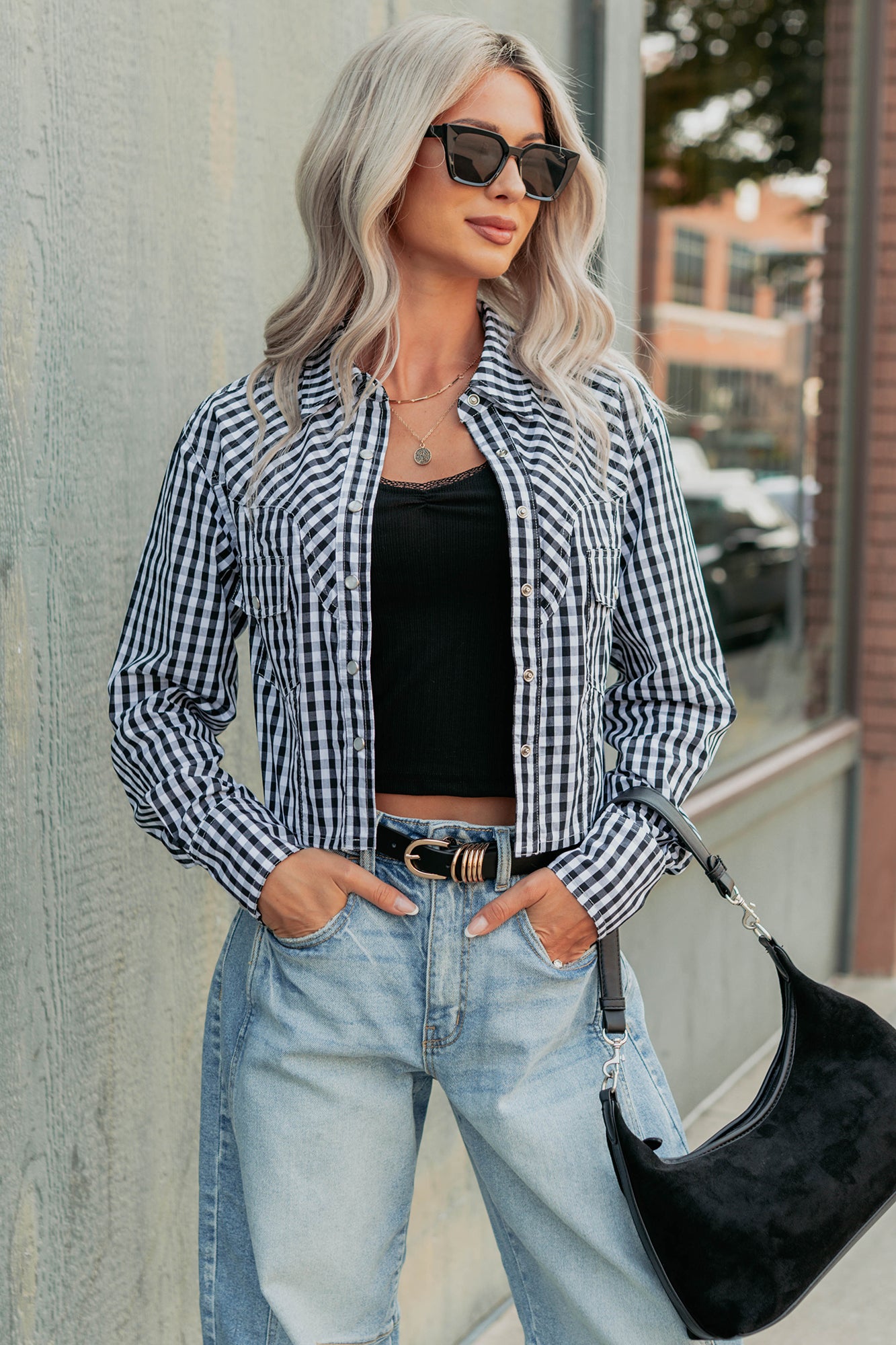 Morning Markets Signature 8 Gingham Crop Shirt (Black) - NanaMacs