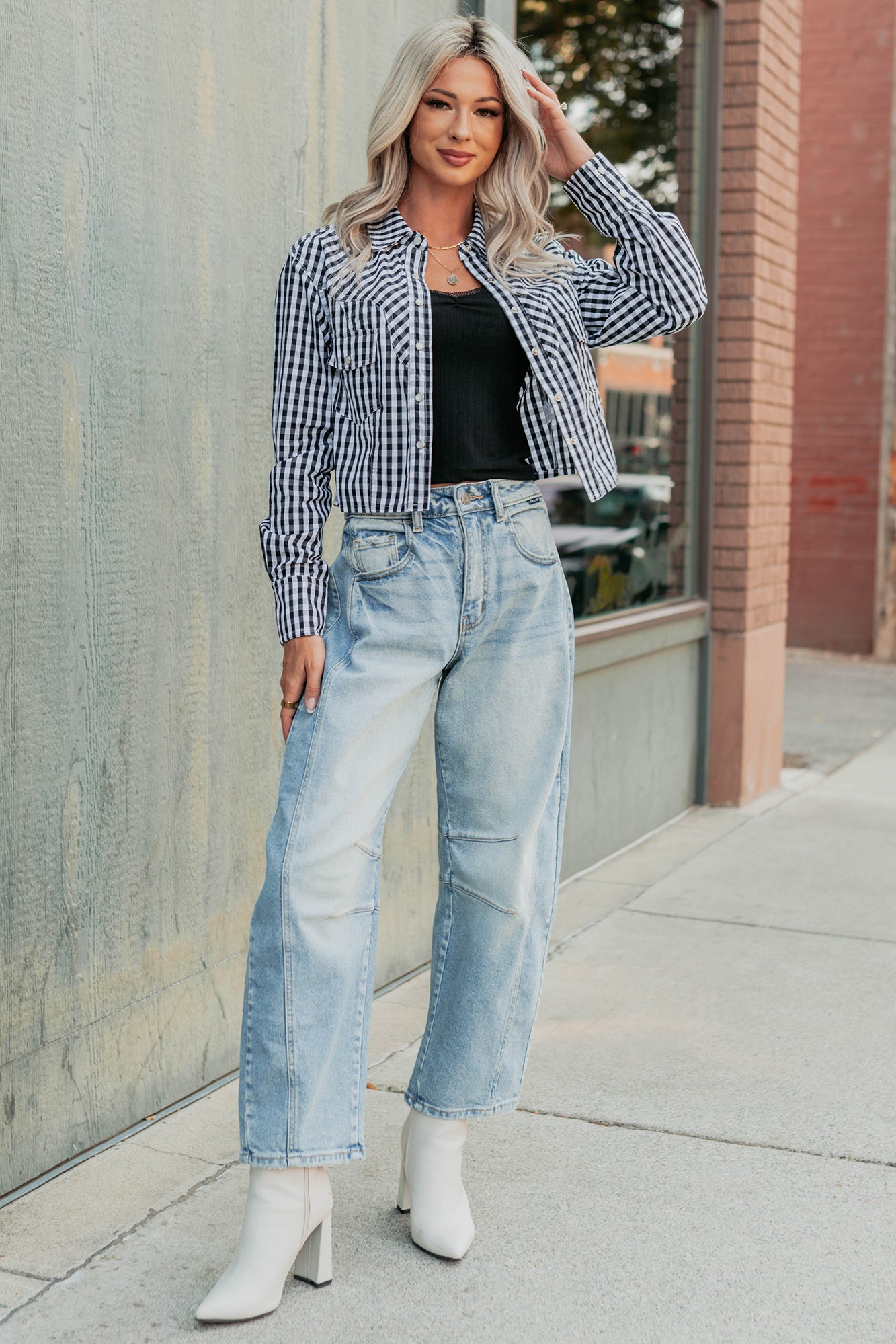 Morning Markets Signature 8 Gingham Crop Shirt (Black) - NanaMacs