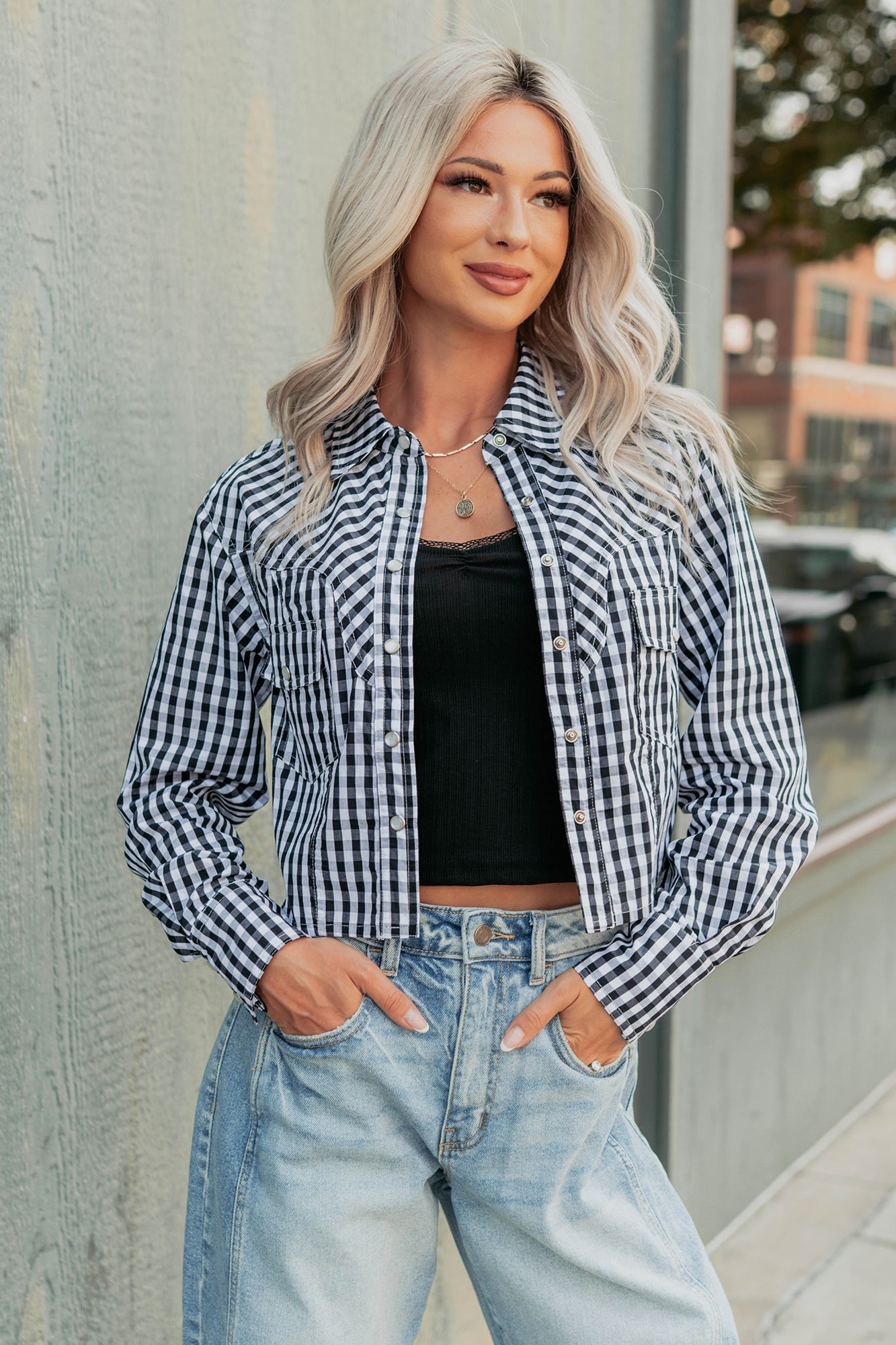 Morning Markets Signature 8 Gingham Crop Shirt (Black) - NanaMacs