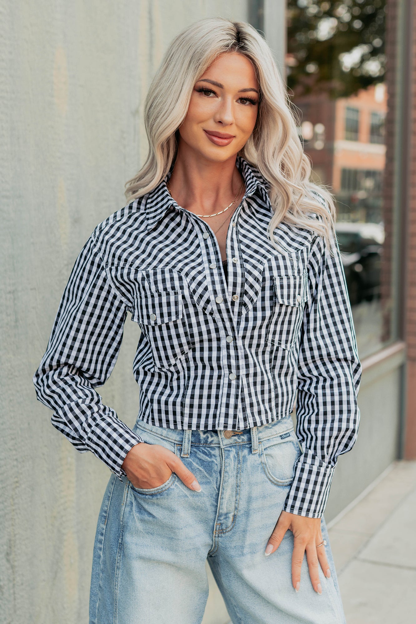 Morning Markets Signature 8 Gingham Crop Shirt (Black) - NanaMacs