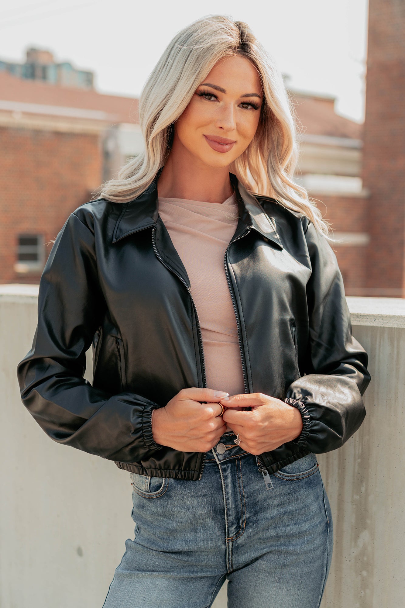 Fearless Moves Faux Leather Zip-Up Jacket (Black) - NanaMacs