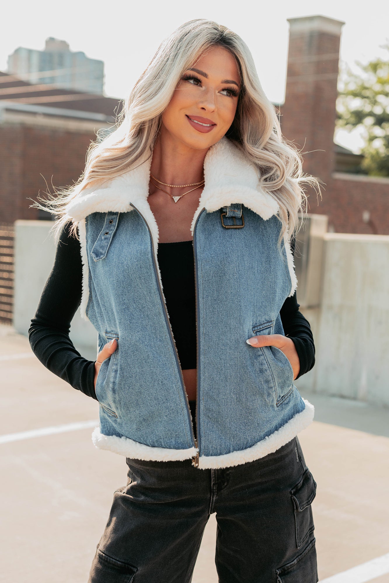 Rewriting Myself Sherpa Denim Vest (Medium Wash) - NanaMacs