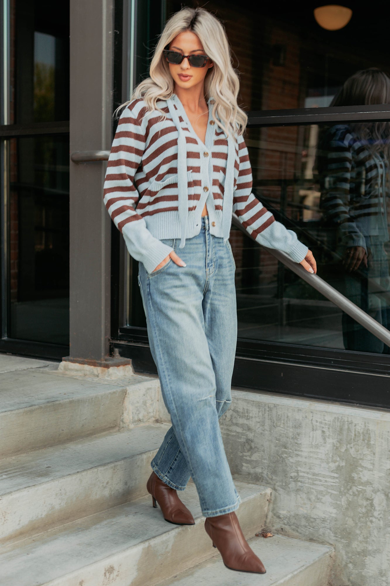 Sinking In Striped Knit Hooded Cardigan (Light Blue) - NanaMacs