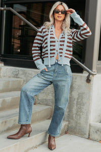 Sinking In Striped Knit Hooded Cardigan (Light Blue) - NanaMacs