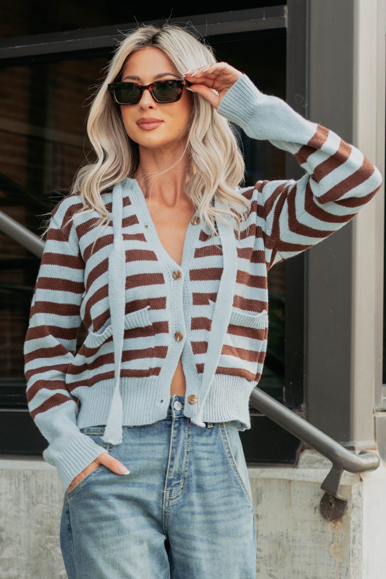 Sinking In Striped Knit Hooded Cardigan (Light Blue) - NanaMacs