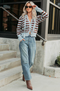 Sinking In Striped Knit Hooded Cardigan (Light Blue) - NanaMacs