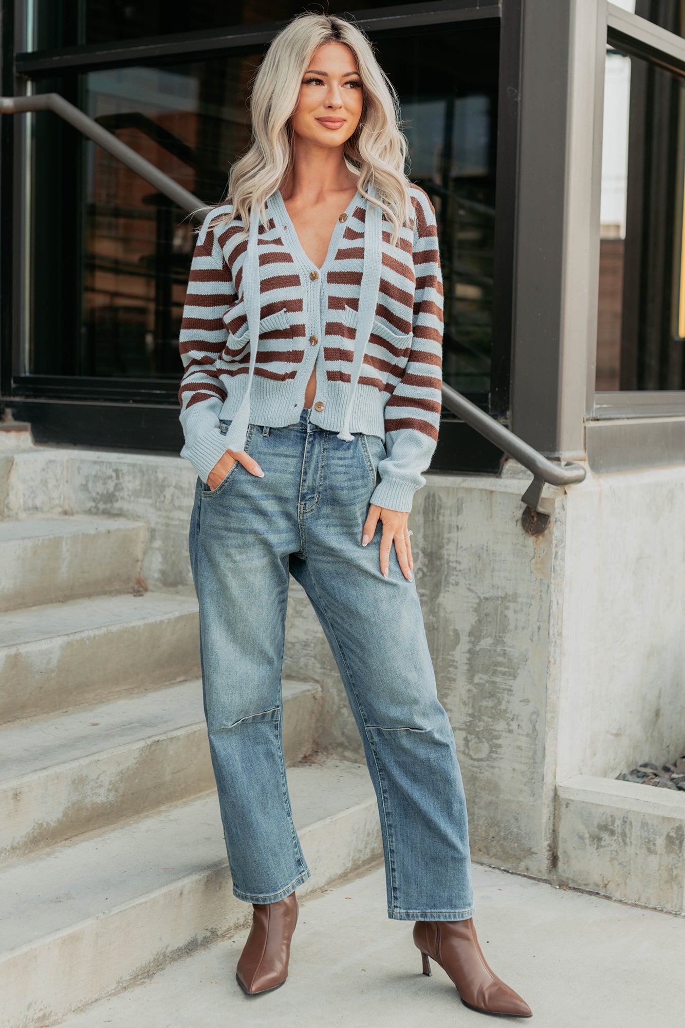 Sinking In Striped Knit Hooded Cardigan (Light Blue) - NanaMacs