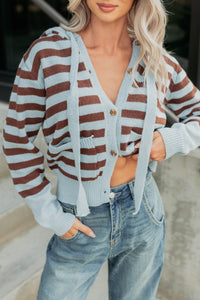 Sinking In Striped Knit Hooded Cardigan (Light Blue) - NanaMacs