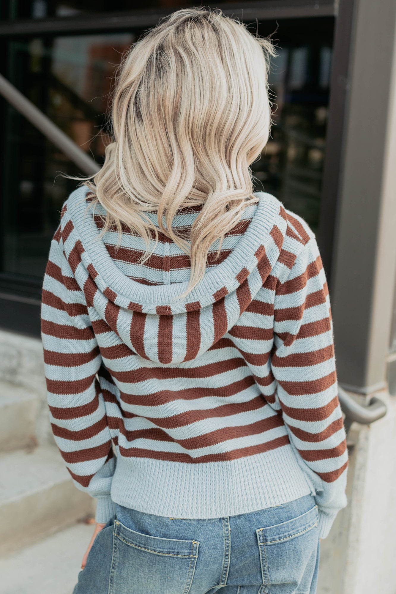 Sinking In Striped Knit Hooded Cardigan (Light Blue) - NanaMacs