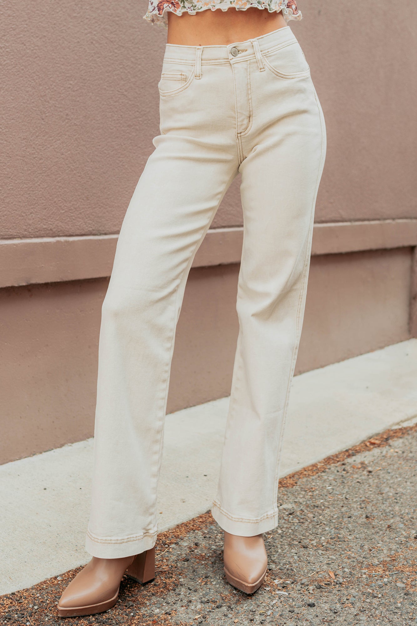 Haven Tummy Control Saige Denim Straight Jeans (Light Beige) - NanaMacs