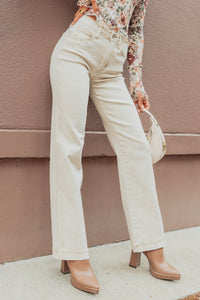 Haven Tummy Control Saige Denim Straight Jeans (Light Beige) - NanaMacs