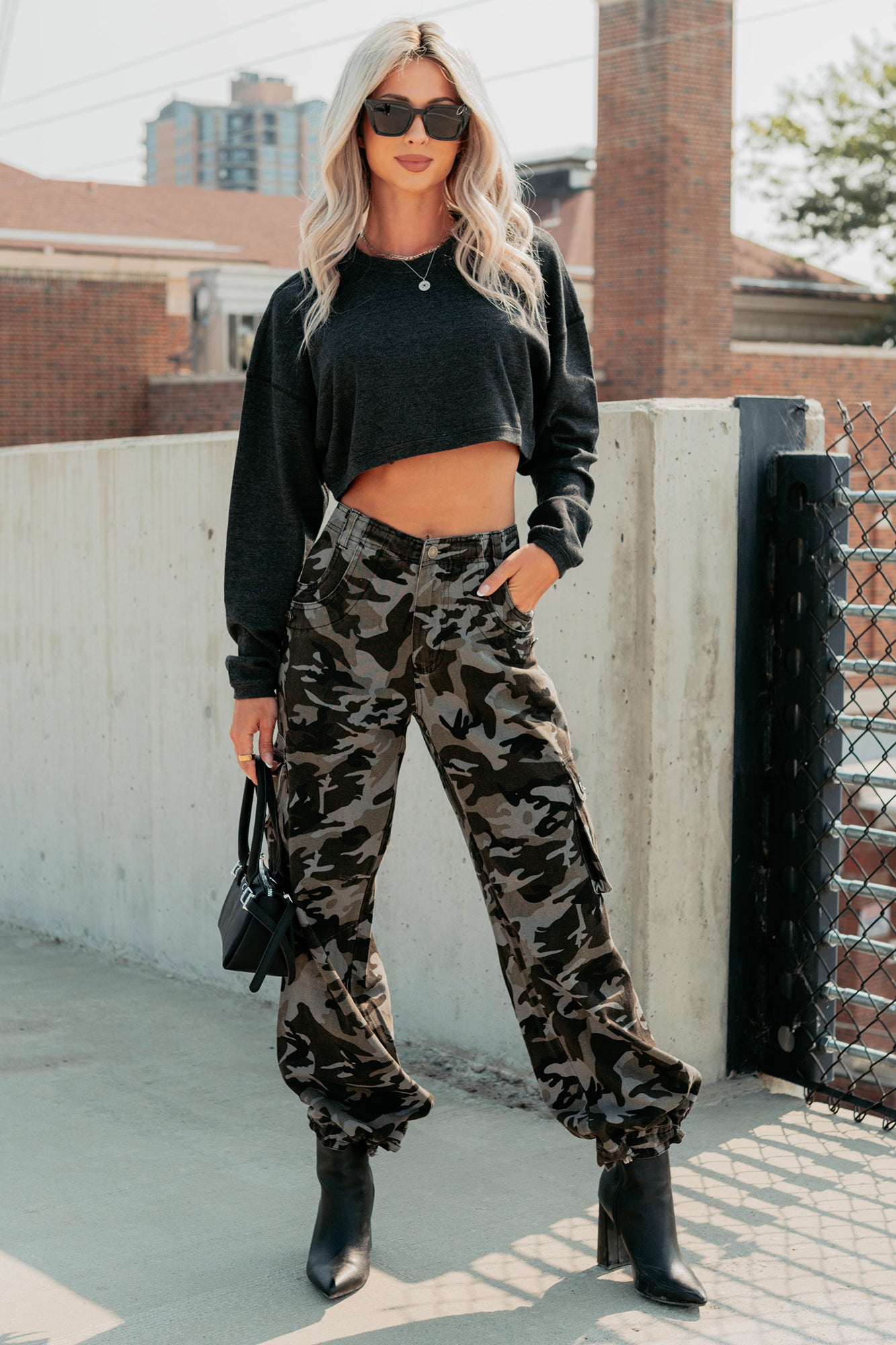 Everyday Cool Waffle Knit Long Sleeve Crop Top (Black) - NanaMacs