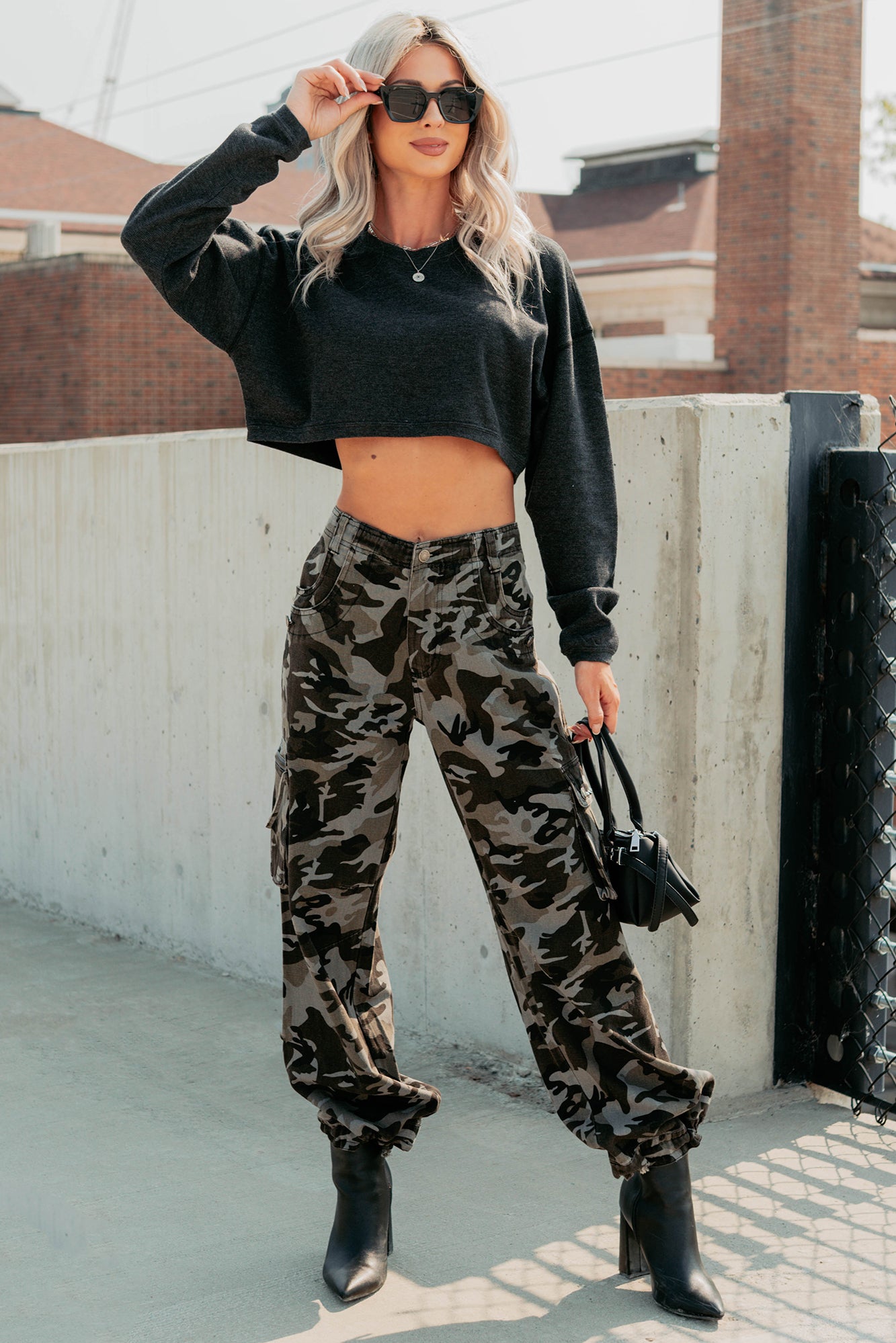 Everyday Cool Waffle Knit Long Sleeve Crop Top (Black) - NanaMacs