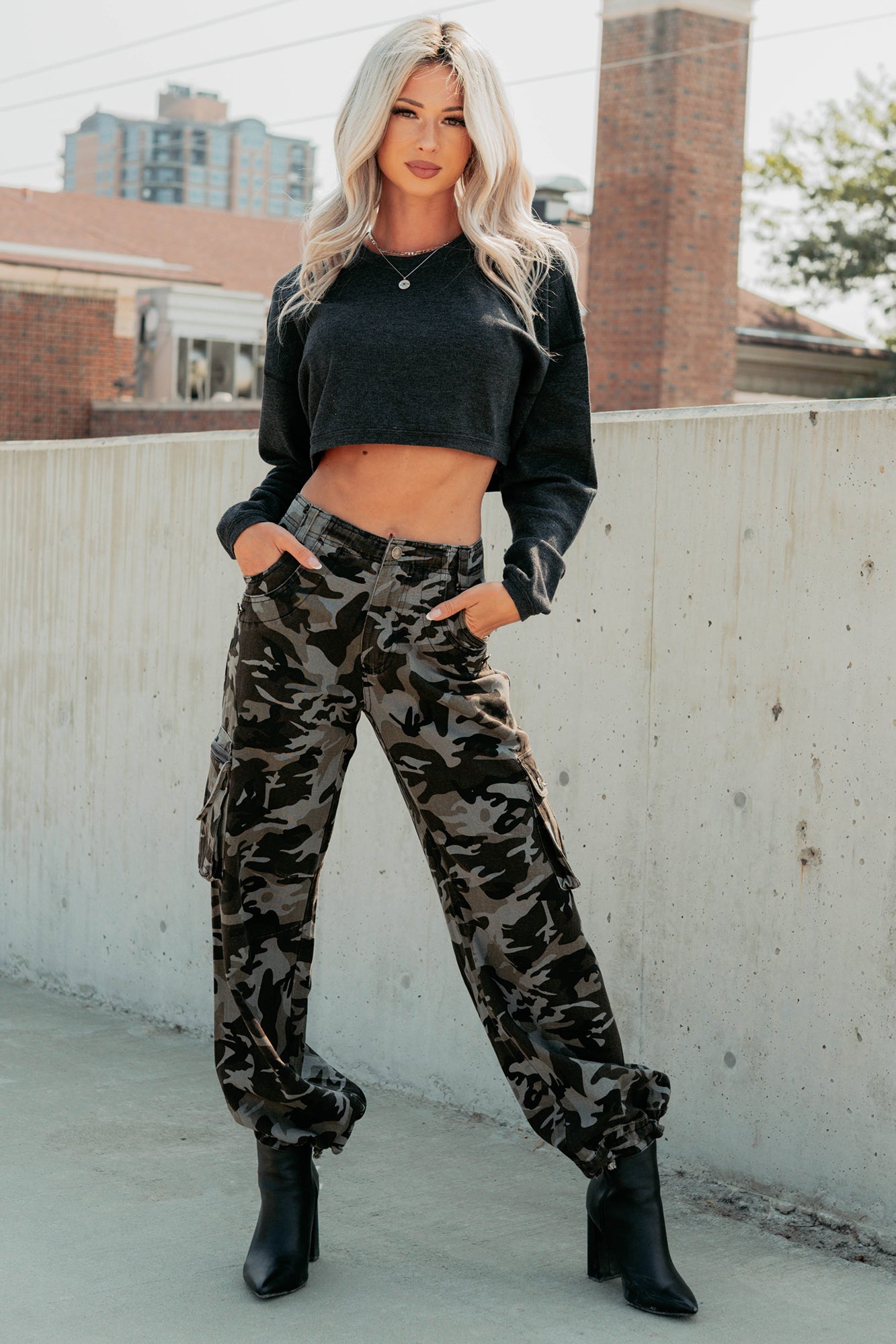 Everyday Cool Waffle Knit Long Sleeve Crop Top (Black) - NanaMacs