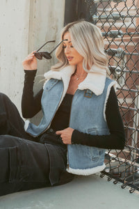 Rewriting Myself Sherpa Denim Vest (Medium Wash) - NanaMacs