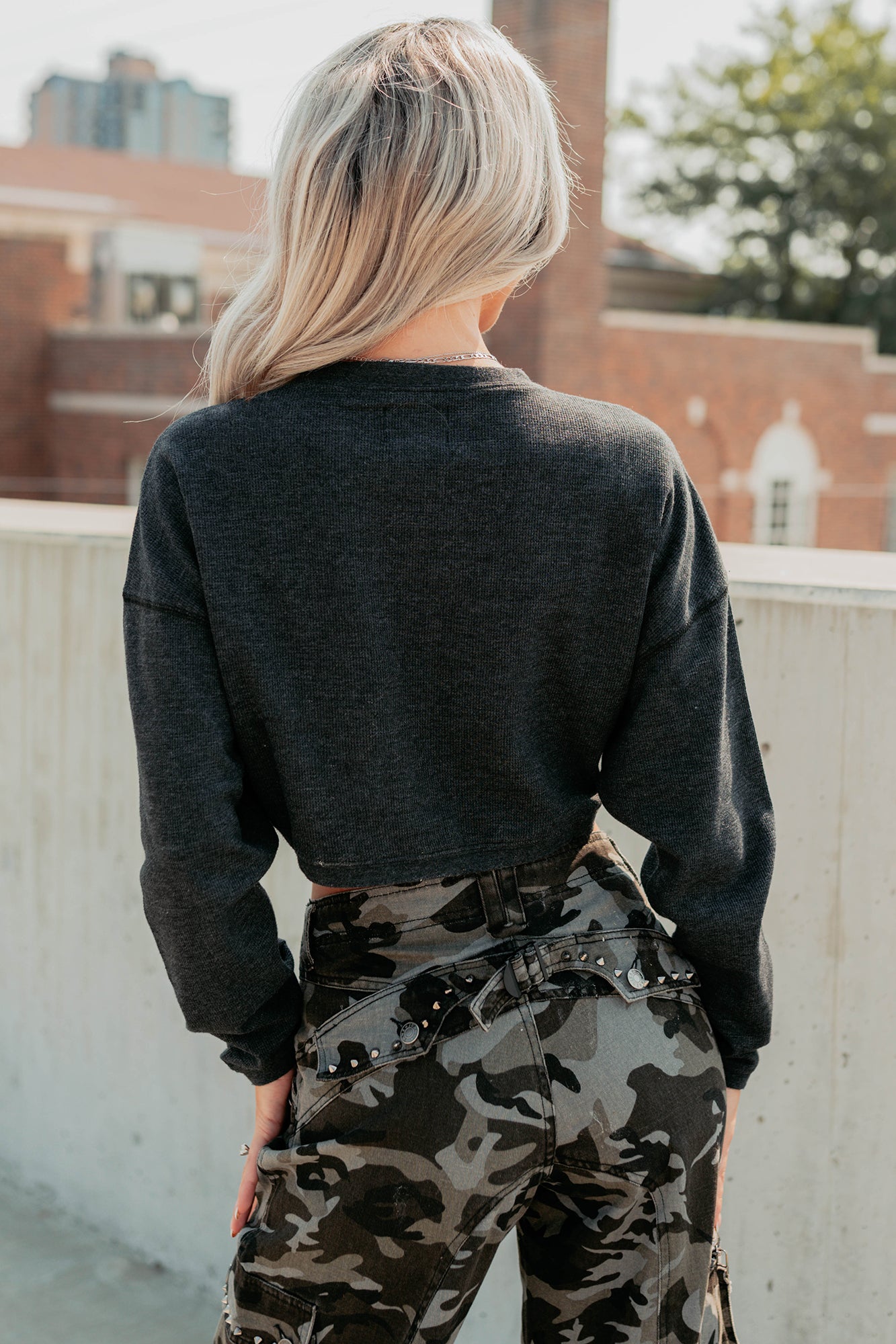 Everyday Cool Waffle Knit Long Sleeve Crop Top (Black) - NanaMacs