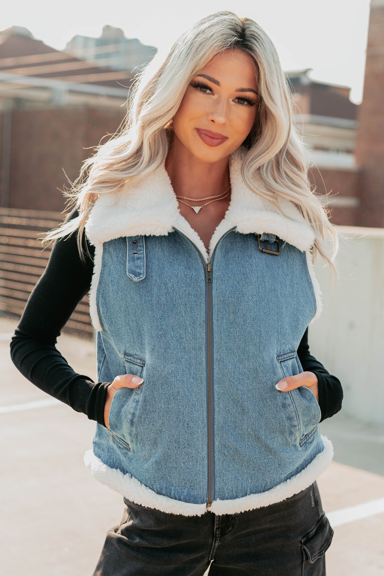 Rewriting Myself Sherpa Denim Vest (Medium Wash) - NanaMacs