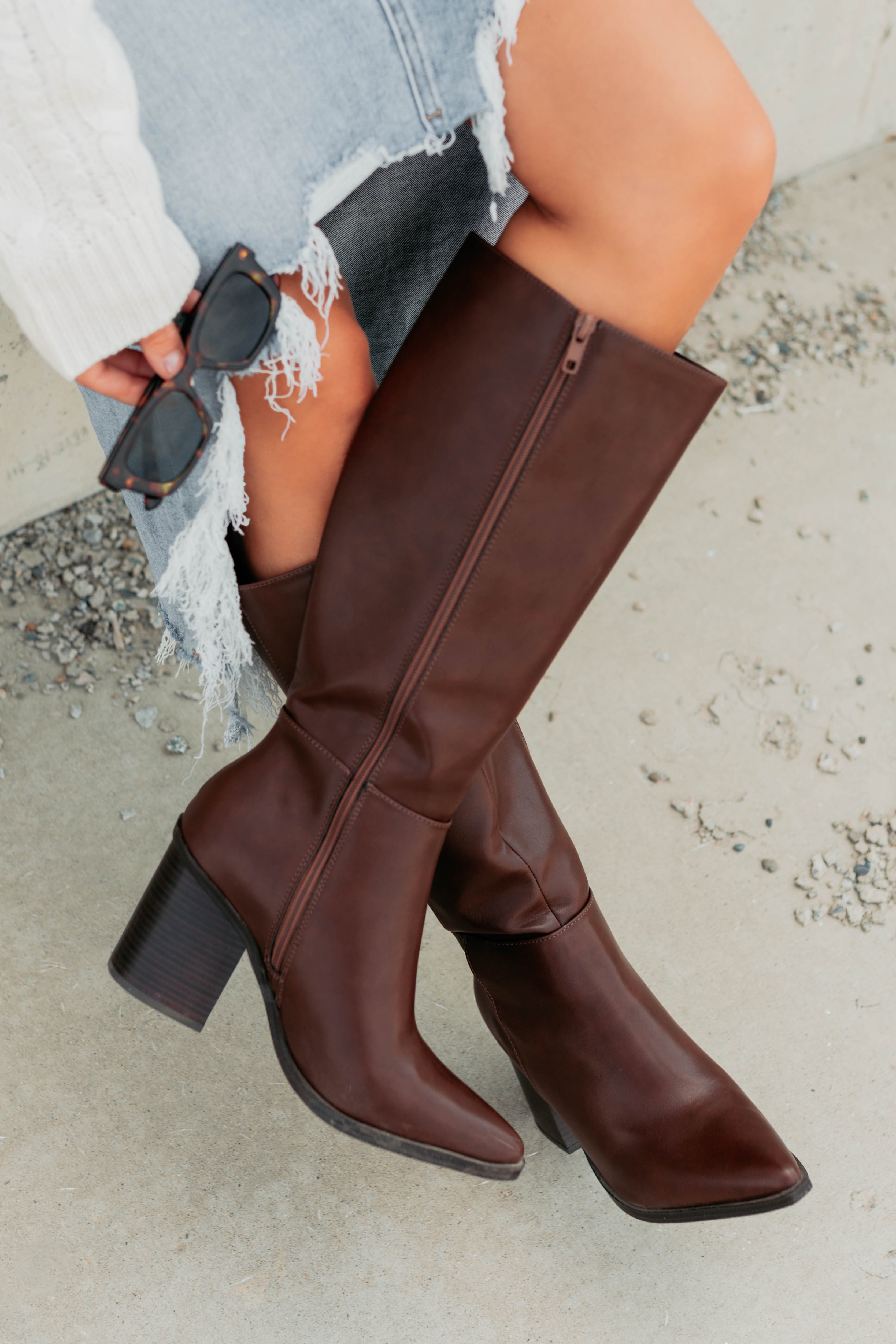Can't Be Blamed Faux Leather Knee High Boots (Brown) - NanaMacs