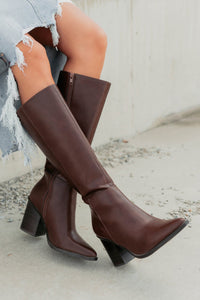 Can't Be Blamed Faux Leather Knee High Boots (Brown) - NanaMacs