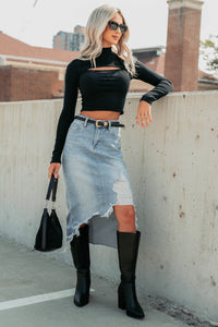 Leigh Long Sleeve Peekaboo Mock Neck Top (Black) - NanaMacs