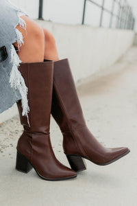 Can't Be Blamed Faux Leather Knee High Boots (Brown) - NanaMacs