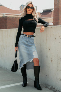 Leigh Long Sleeve Peekaboo Mock Neck Top (Black) - NanaMacs