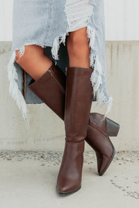 Can't Be Blamed Faux Leather Knee High Boots (Brown) - NanaMacs