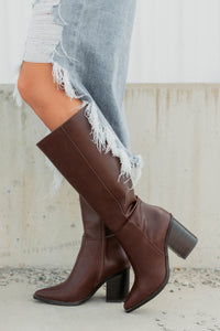 Can't Be Blamed Faux Leather Knee High Boots (Brown) - NanaMacs