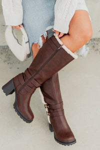 Moscow Sherpa Trim Knee High Platform Boots (Brown) - NanaMacs