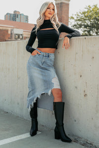 Leigh Long Sleeve Peekaboo Mock Neck Top (Black) - NanaMacs