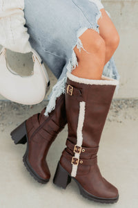 Moscow Sherpa Trim Knee High Platform Boots (Brown) - NanaMacs
