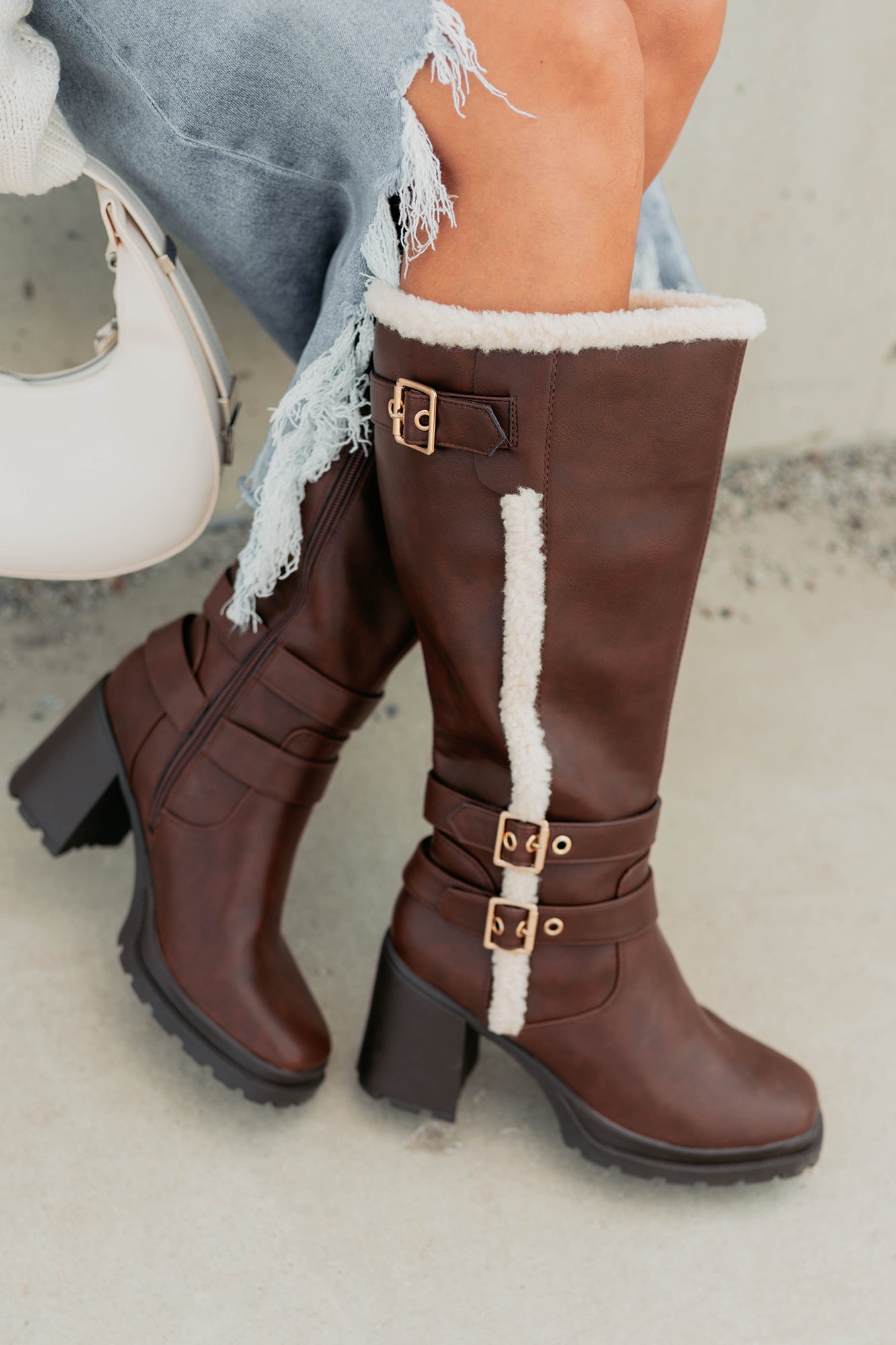 Moscow Sherpa Trim Knee High Platform Boots (Brown) - NanaMacs