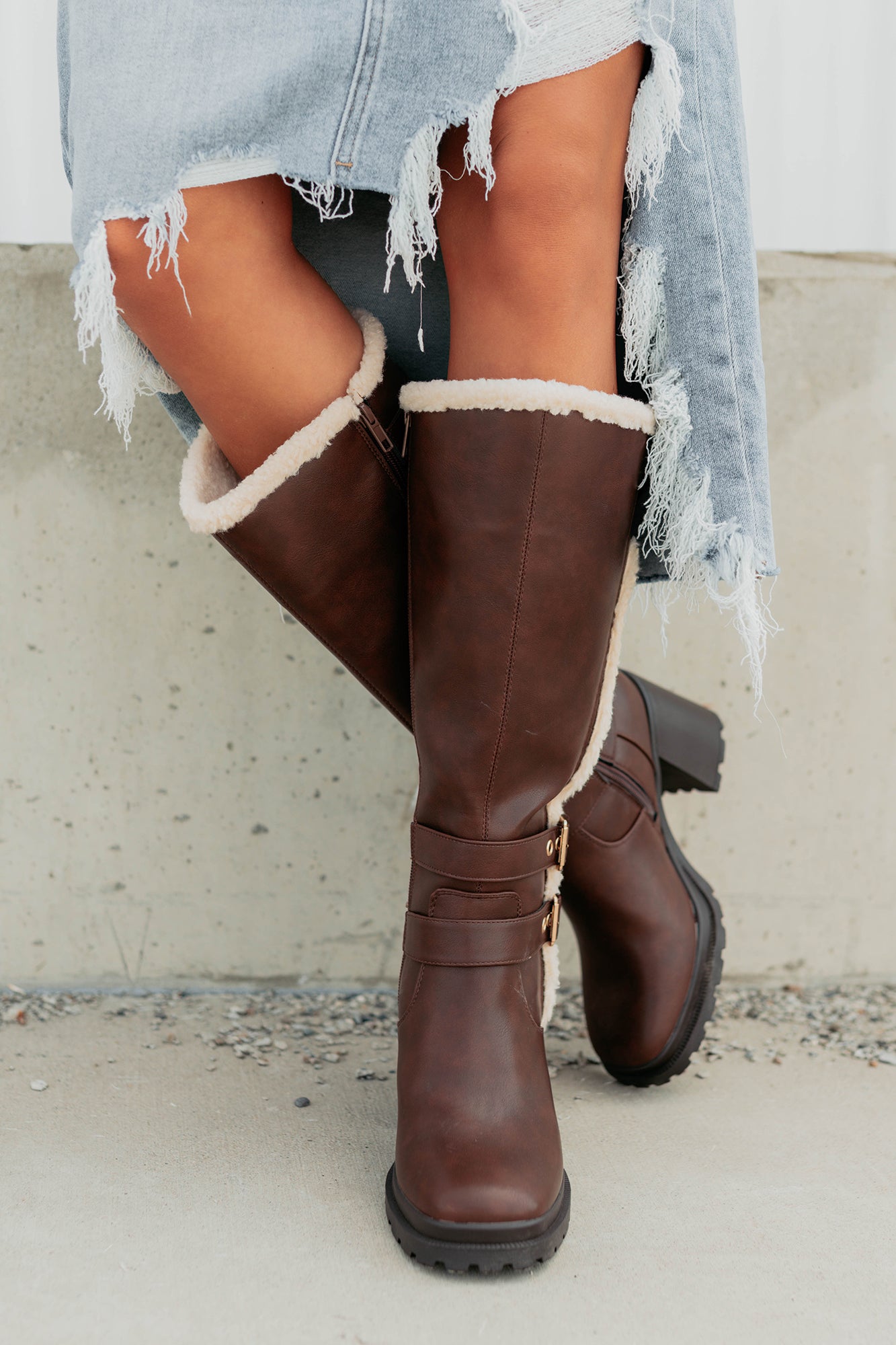 Moscow Sherpa Trim Knee High Platform Boots (Brown) - NanaMacs