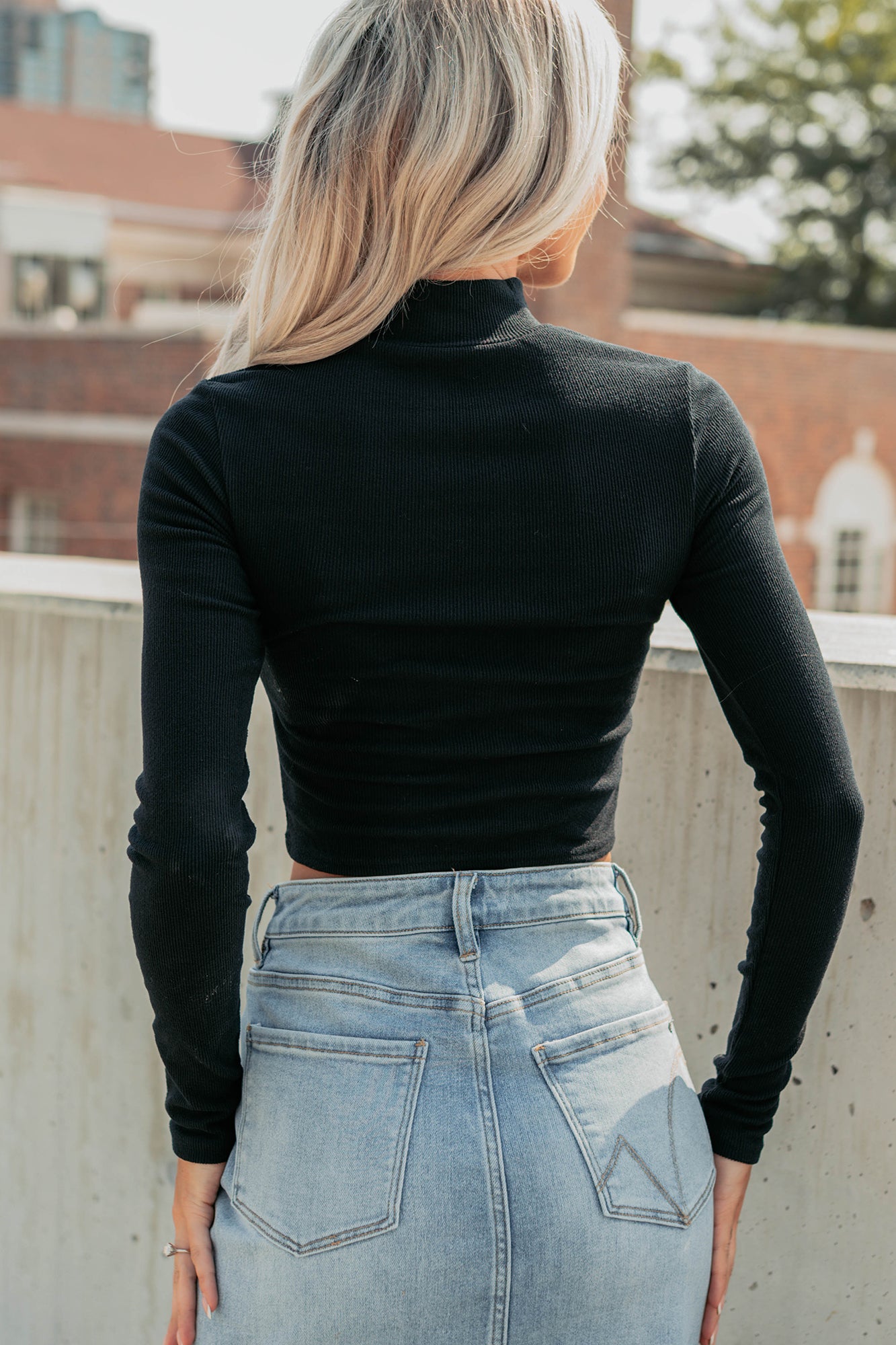 Leigh Long Sleeve Peekaboo Mock Neck Top (Black) - NanaMacs