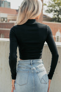 Leigh Long Sleeve Peekaboo Mock Neck Top (Black) - NanaMacs
