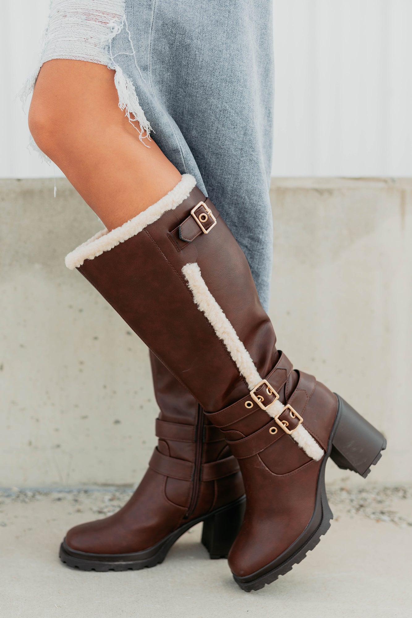 Moscow Sherpa Trim Knee High Platform Boots (Brown) - NanaMacs