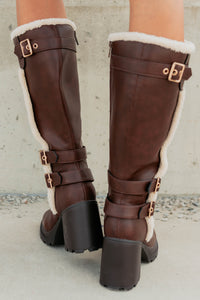 Moscow Sherpa Trim Knee High Platform Boots (Brown) - NanaMacs