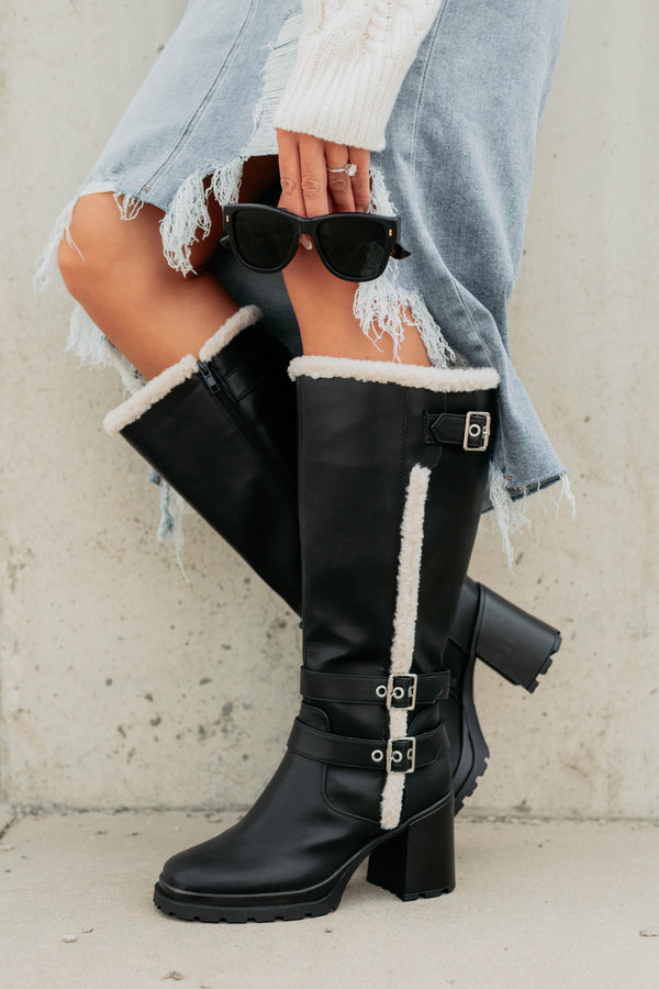 Moscow Sherpa Trim Knee High Platform Boots (Black) - NanaMacs