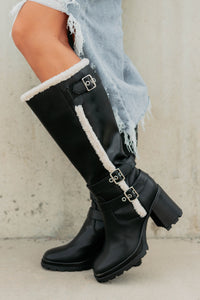 Moscow Sherpa Trim Knee High Platform Boots (Black) - NanaMacs