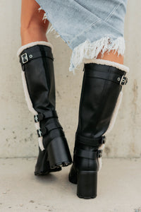 Moscow Sherpa Trim Knee High Platform Boots (Black) - NanaMacs