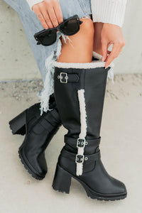 Moscow Sherpa Trim Knee High Platform Boots (Black) - NanaMacs