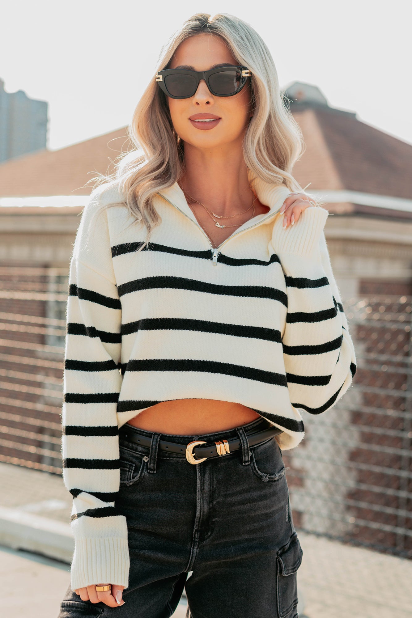 Winter Warmth Quarter Zip Stripe Sweater (Cream/Black) - NanaMacs