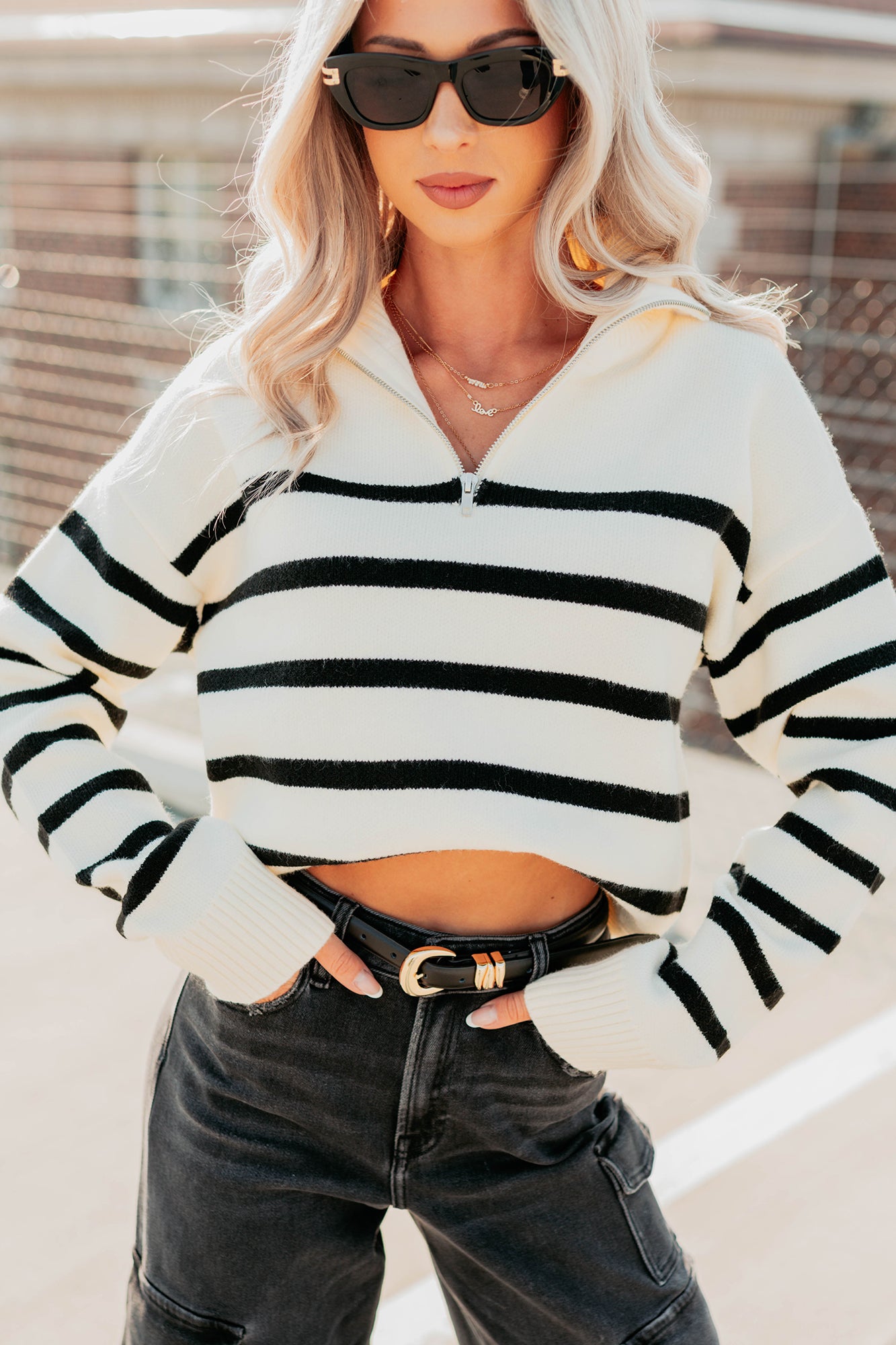 Winter Warmth Quarter Zip Stripe Sweater (Cream/Black) - NanaMacs