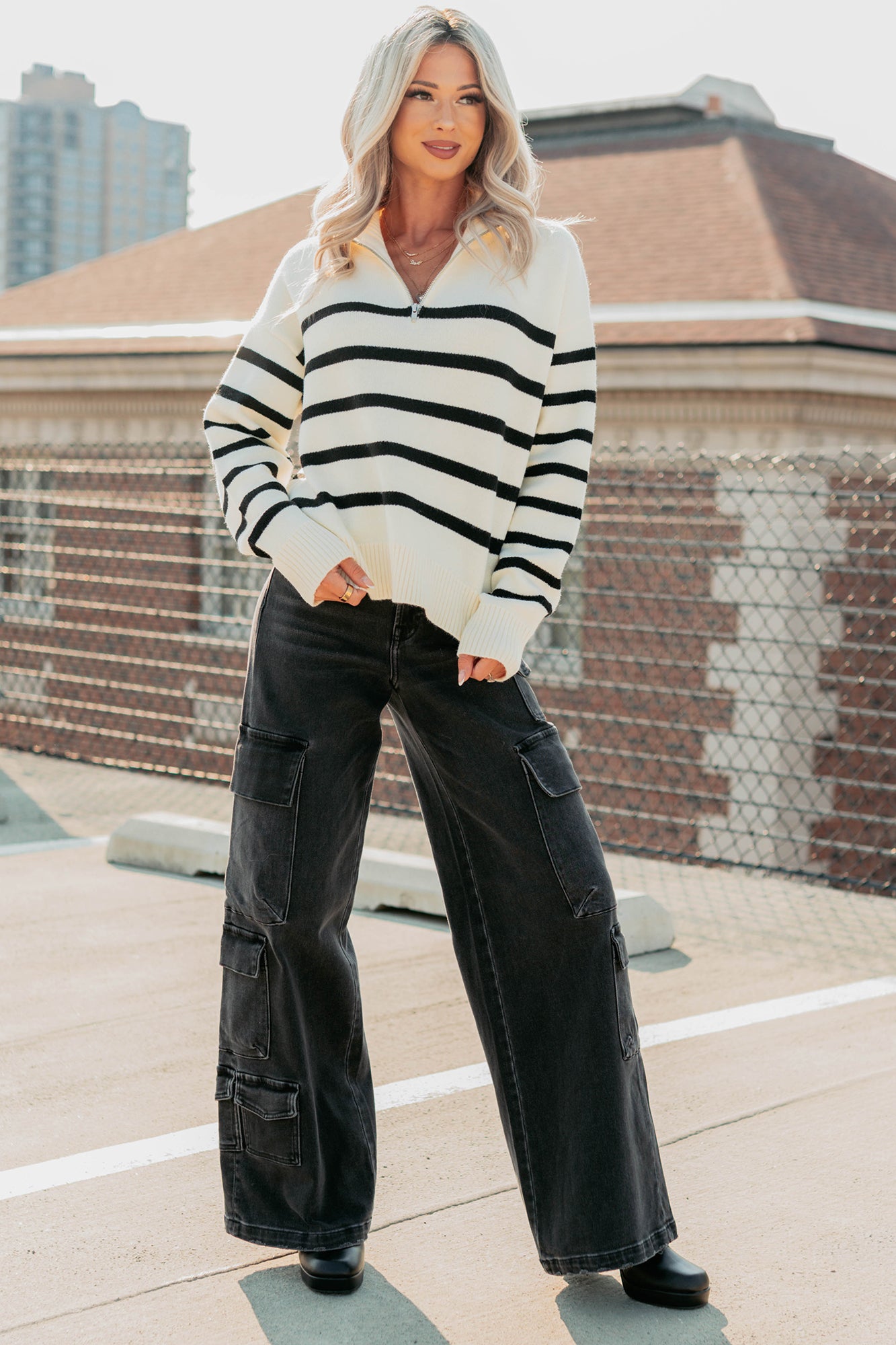 Winter Warmth Quarter Zip Stripe Sweater (Cream/Black) - NanaMacs