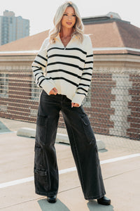 Winter Warmth Quarter Zip Stripe Sweater (Cream/Black) - NanaMacs