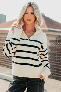Winter Warmth Quarter Zip Stripe Sweater (Cream/Black) - NanaMacs